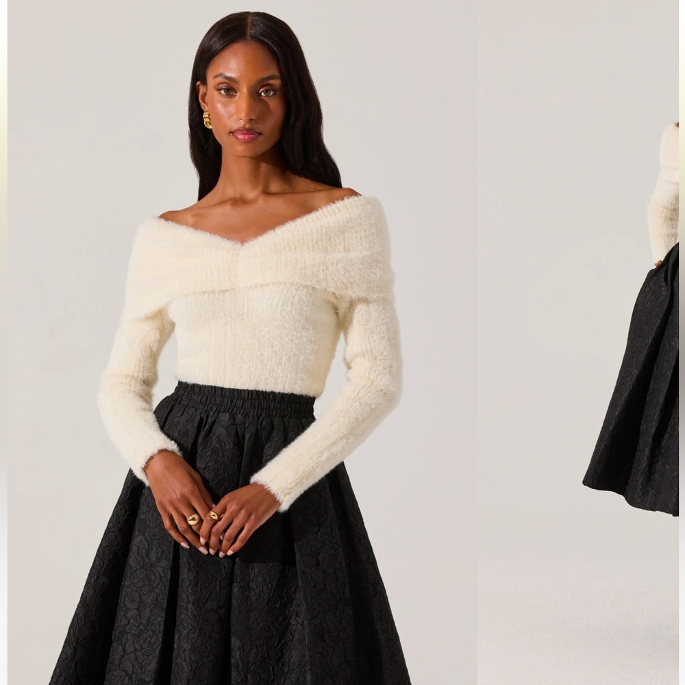 ASTR The Label Fuzzy Knit Off Shoulder Sweater cream XS